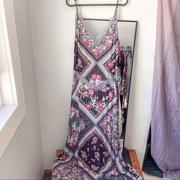 Free People Stevie Printed Maxi Slip Dress Lace Trim S - Picture 8 of 11